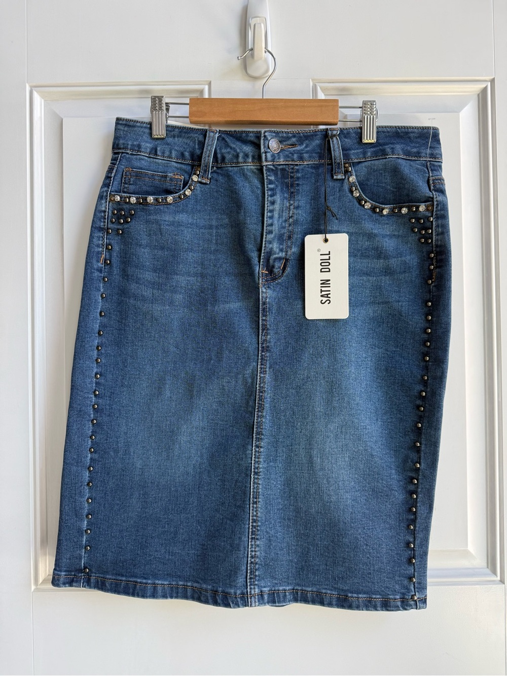 Studded Rhinestone Blue Denim Pencil Skirt Edgy Y2K Bling Western Boho Cowgirl